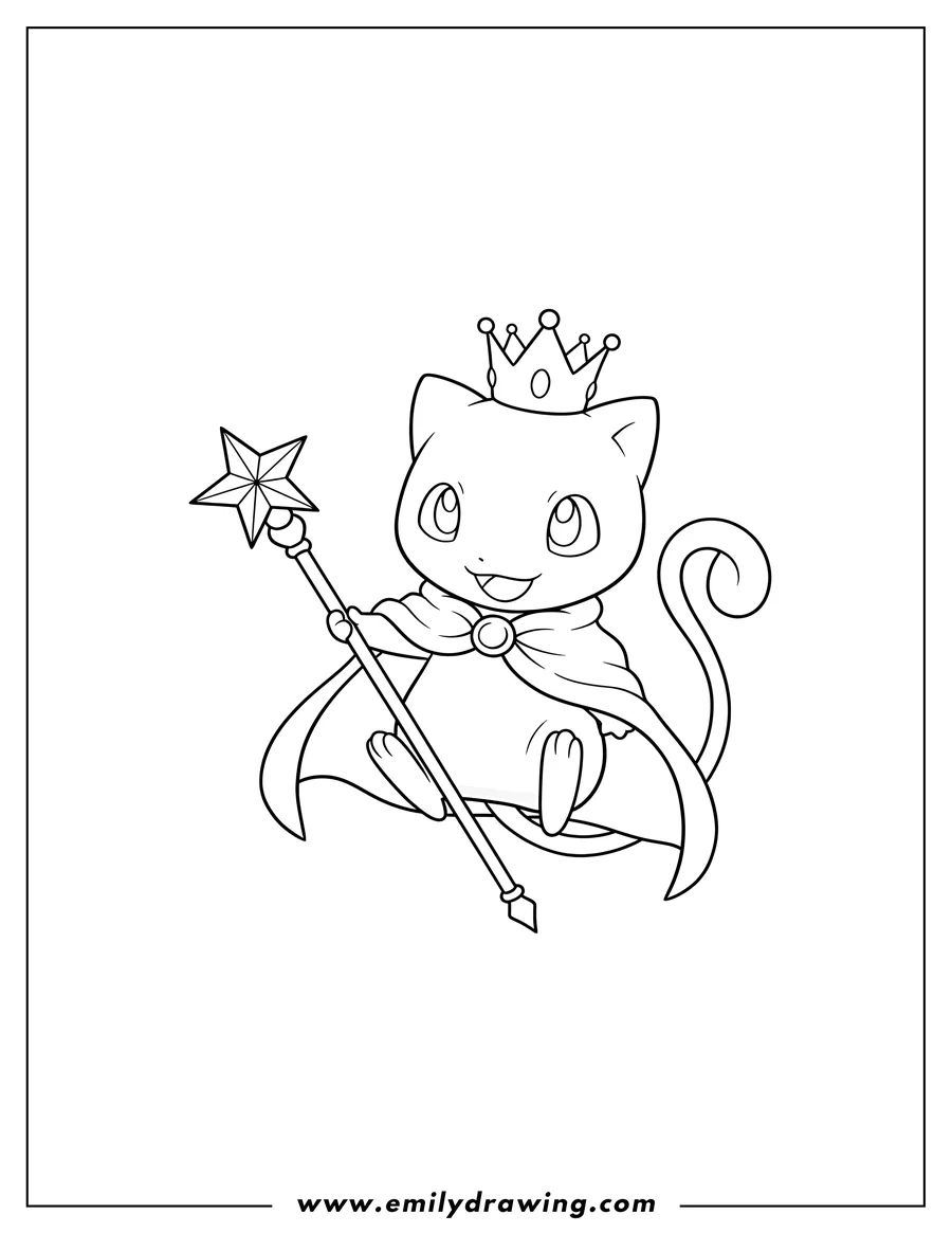 Clean line drawing: floating Mew wearing a crown and cape, holding a scepter