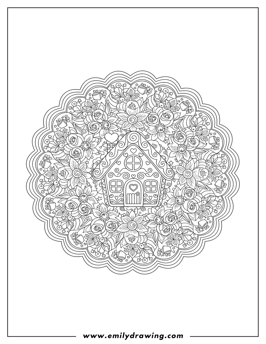 Doodle style coloring picture of floral Gingerbread House Christmas Mandala with decorative wavy borders and a detailed multi-layered flower design
