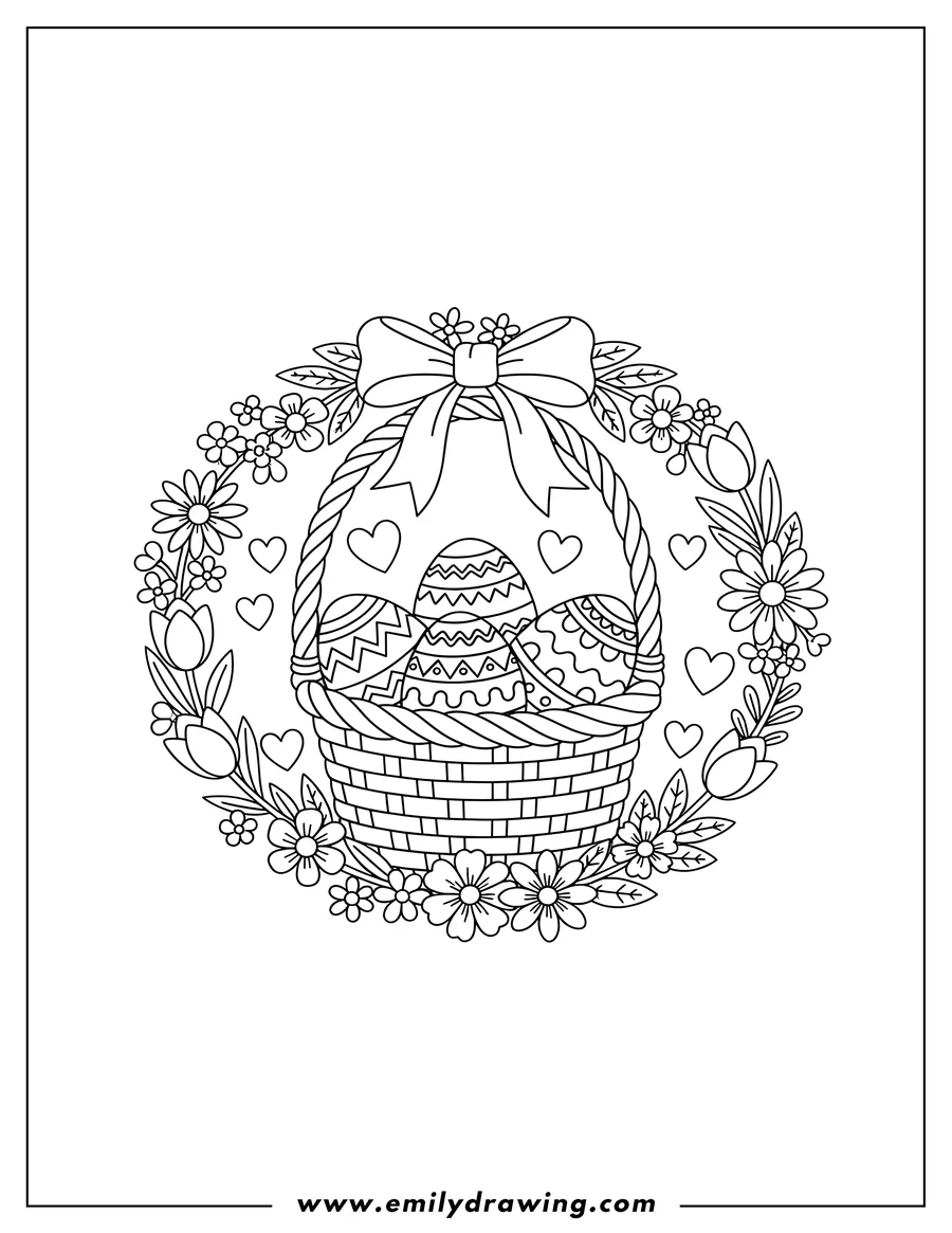 Linear illustration of A Floral Happy Easter Basket With Eggs, arranged in a wreath with a bow and hearts
