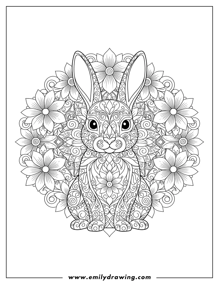 Black and white line art of floral Rabbit Mandala, sitting, with intricate patterns
