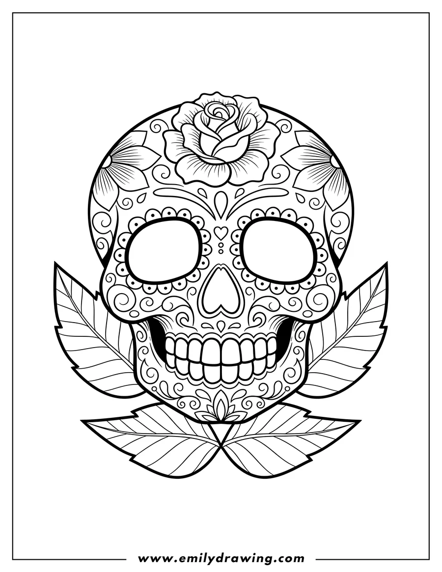 Coloring page of floral Sugar Skull adorned with intricate patterns and framing leaves