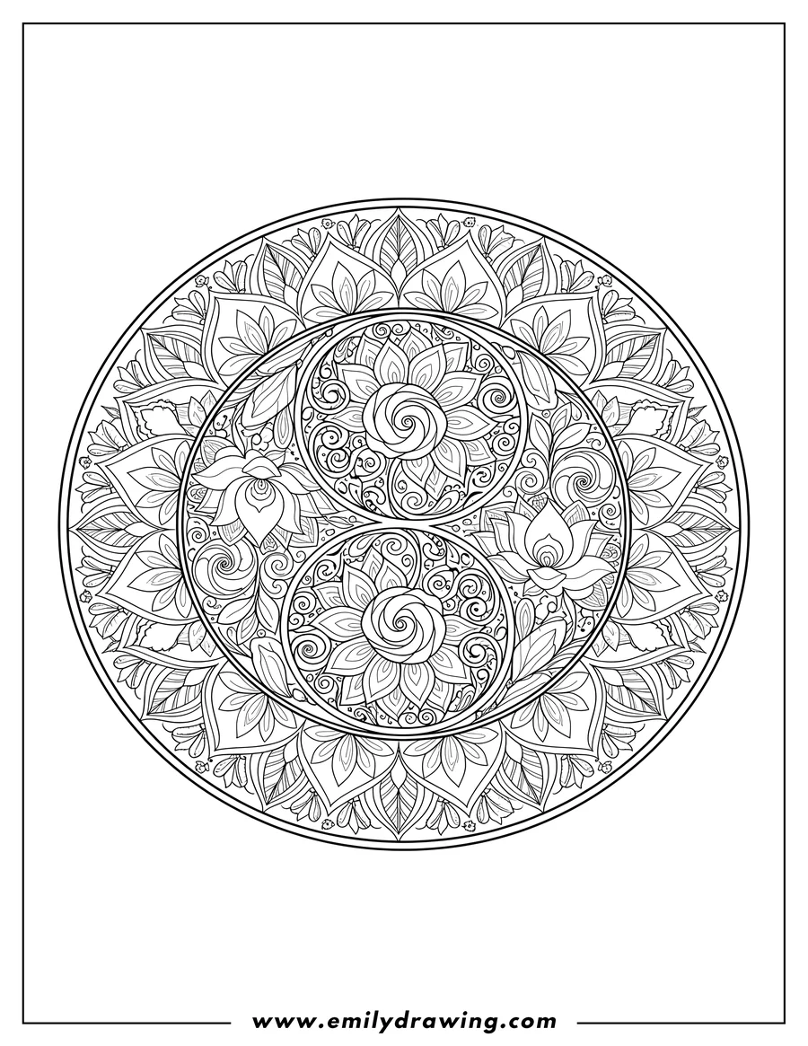 High quality printable floral Yin And Yang Mandala with intricate designs, line art for coloring for coloring