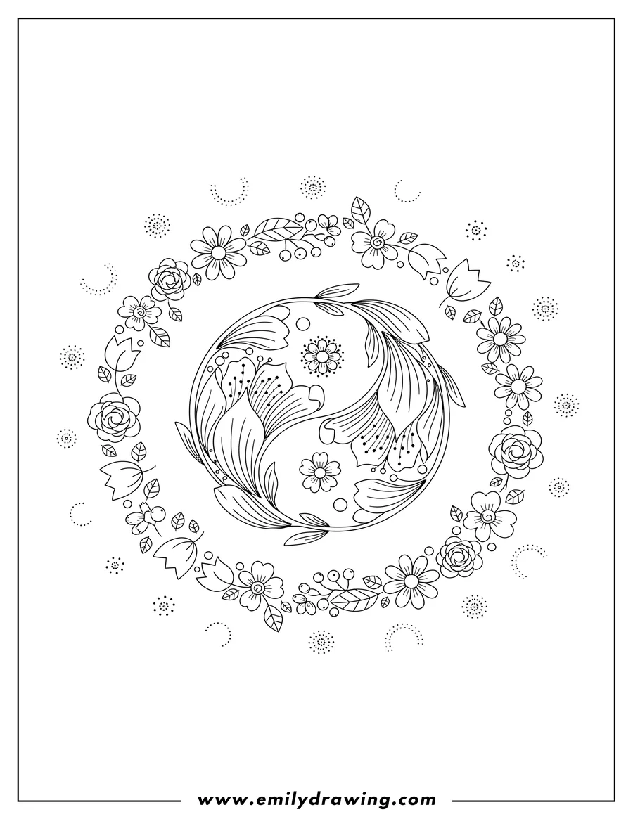 Simple sketch of flower And Leaves Yin And Yang with a wreath border and dotted patterns to color