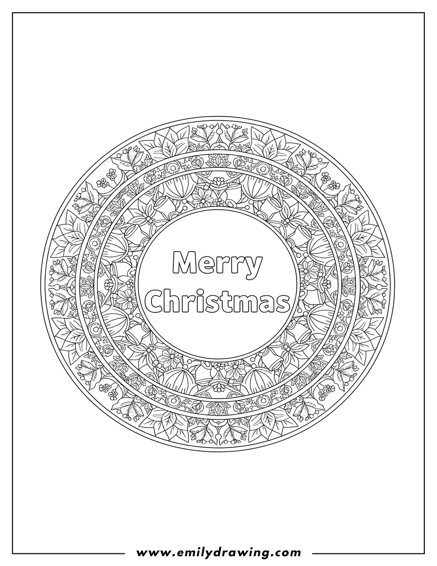 Full page coloring image of flower Christmas Mandala with 'Merry Christmas' text in the center