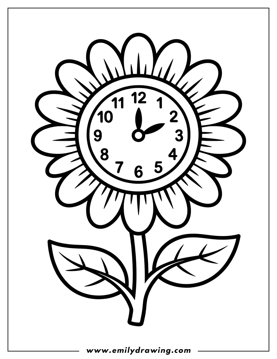 Line art of a flower with a clock face in its center, showing petals, a stem, and two leaves.