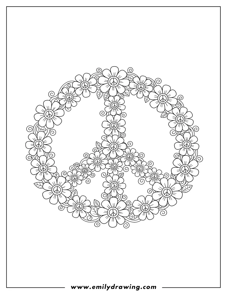 Downloadable coloring page of flowers Covering Peace Symbol, featuring daisy-like petals and tiny peace signs
