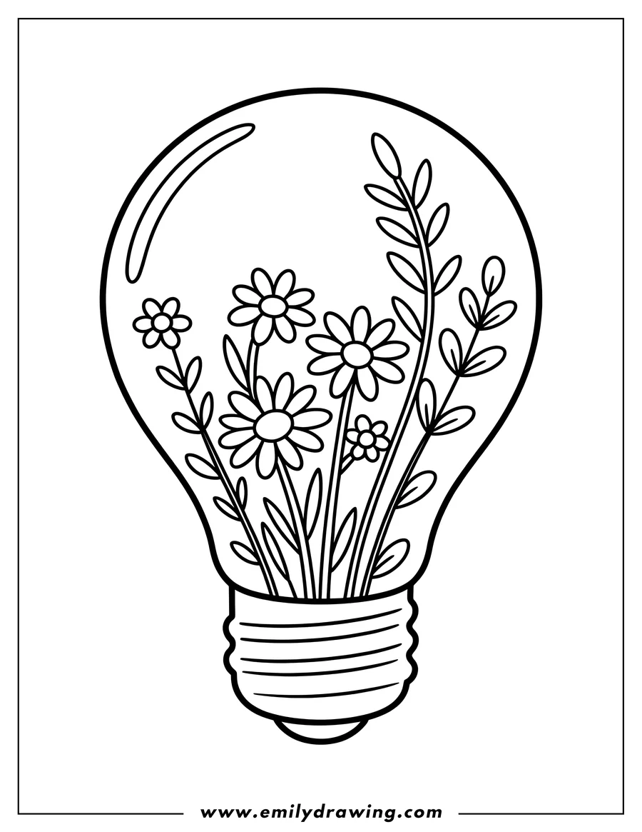 Line art of a terrarium in the shape of a light bulb, filled with various flowers and leafy plants.