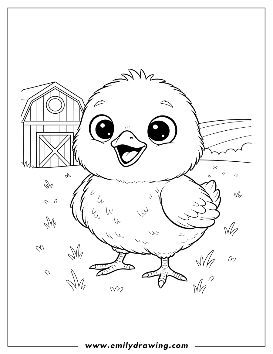 Simple sketch of fluffy Baby Chick with Big Round Eyes and Open Beak Standing Barnyard Field to color