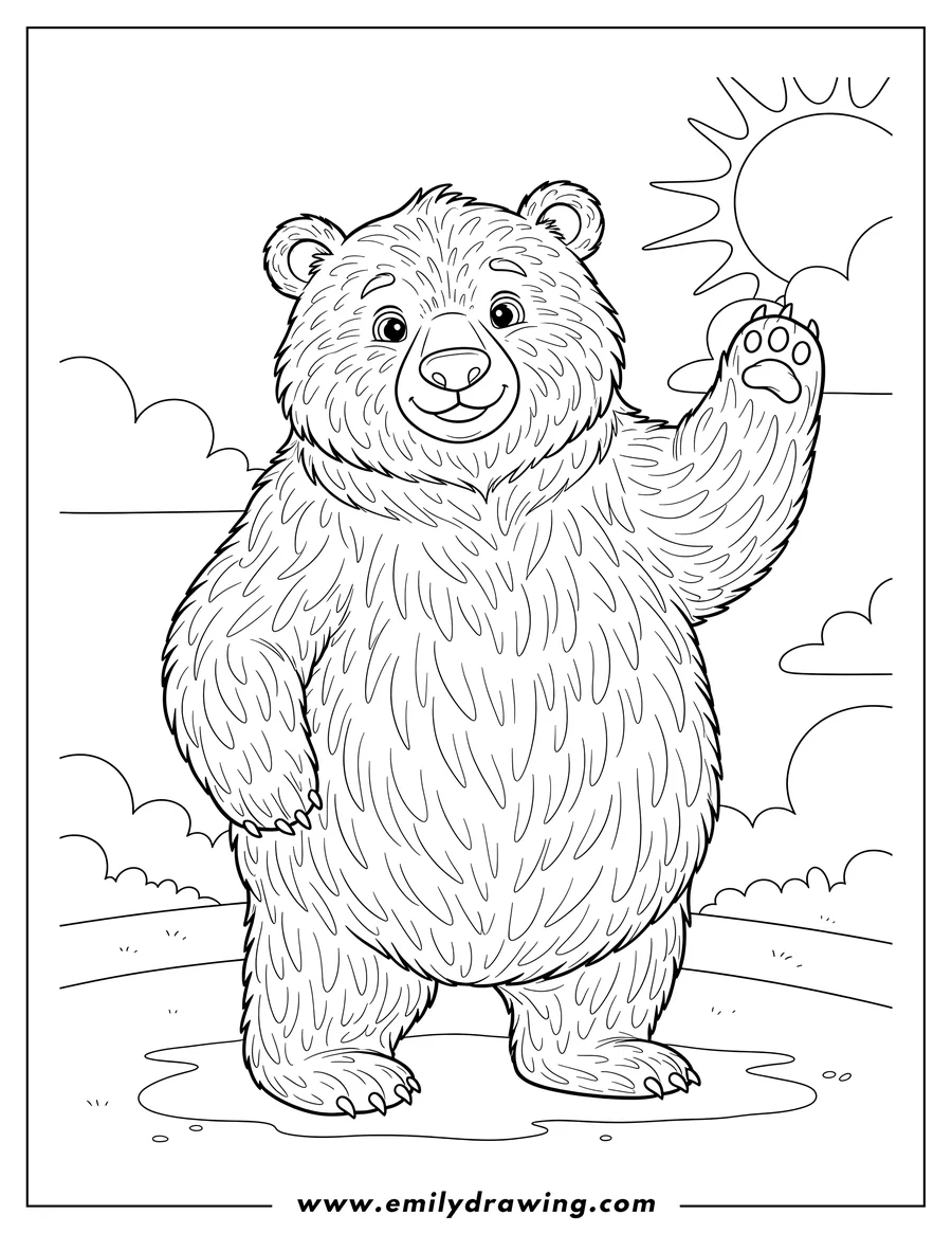 Free to print drawing of A fluffy bear standing with one paw raised and looking forward, line art coloring page
