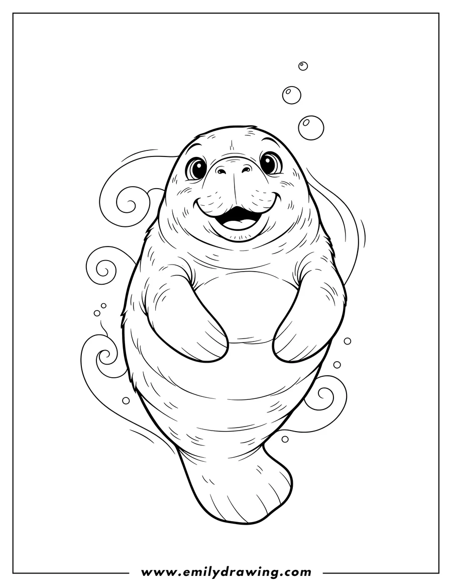 Full page coloring image of fluffy Cartoon Manatee smiling and looking up
