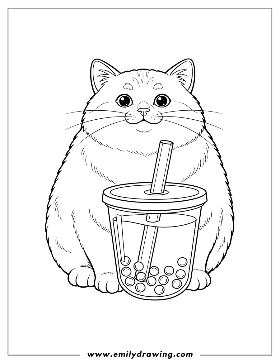 Doodle style coloring picture of fluffy Cat Looking Forward Sitting Behind Large Boba Tea with a Straw