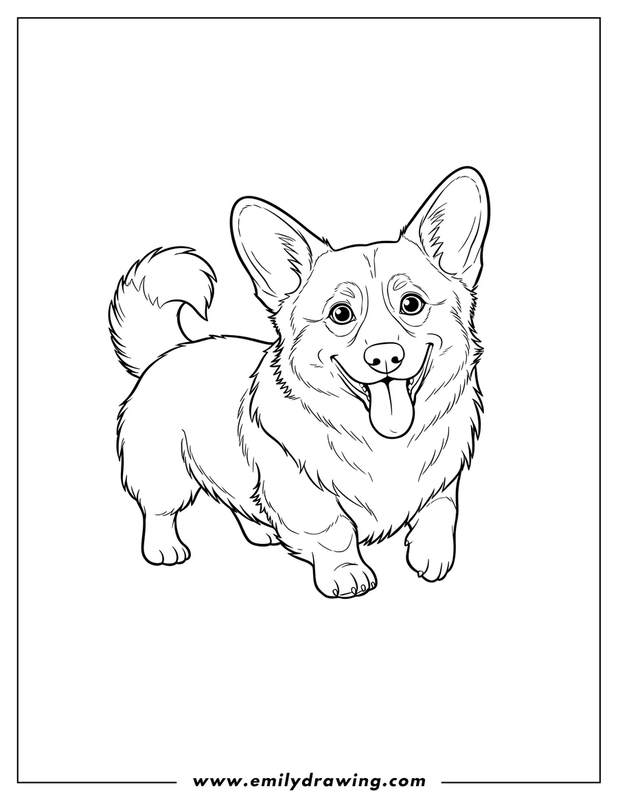 Outline drawing of fluffy Corgi standing playfully, smiling with tongue out
