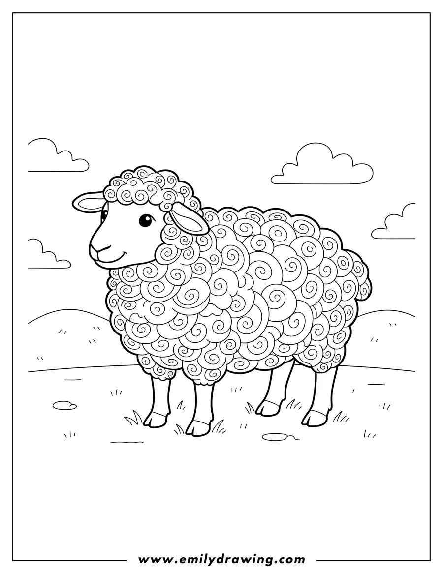 Free printable coloring sheet of fluffy Farm Bred Sheep standing with curly wool