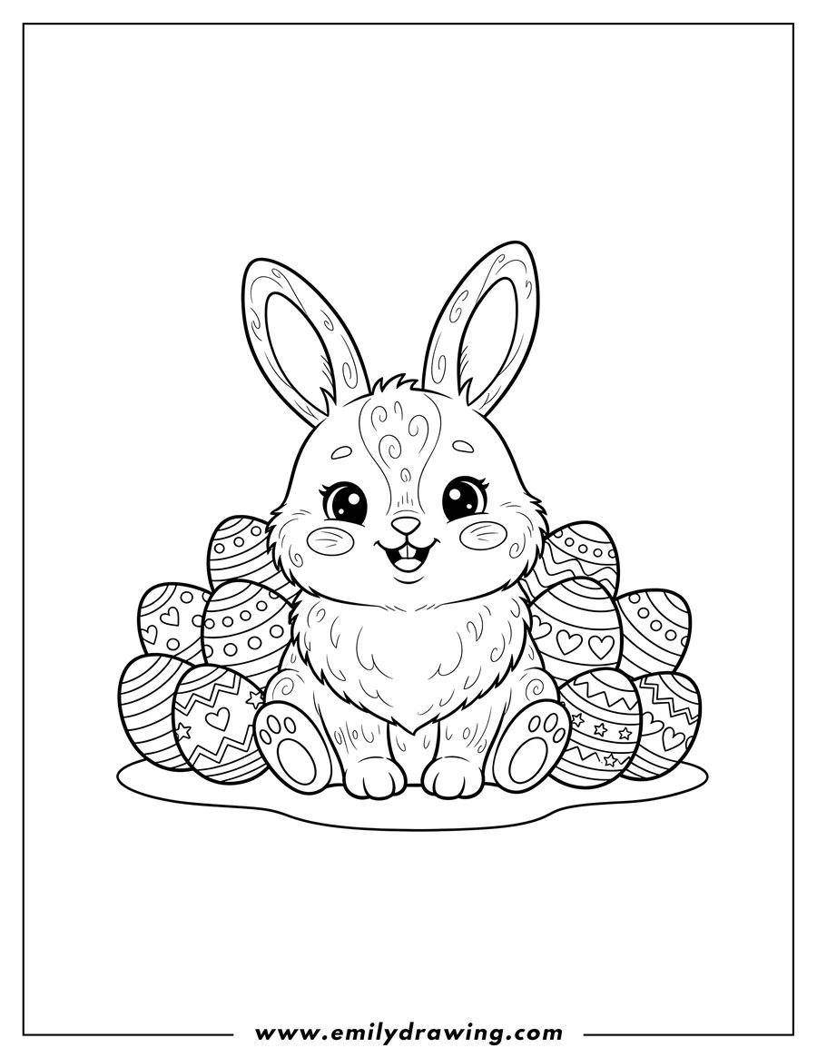 Coloring sheet featuring fluffy Kawaii Rabbit sitting and smiling, surrounded by Easter Eggs