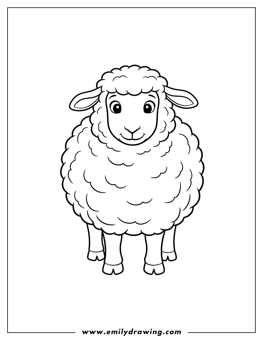 High quality printable fluffy Sheep Scaled, standing and facing forward for coloring