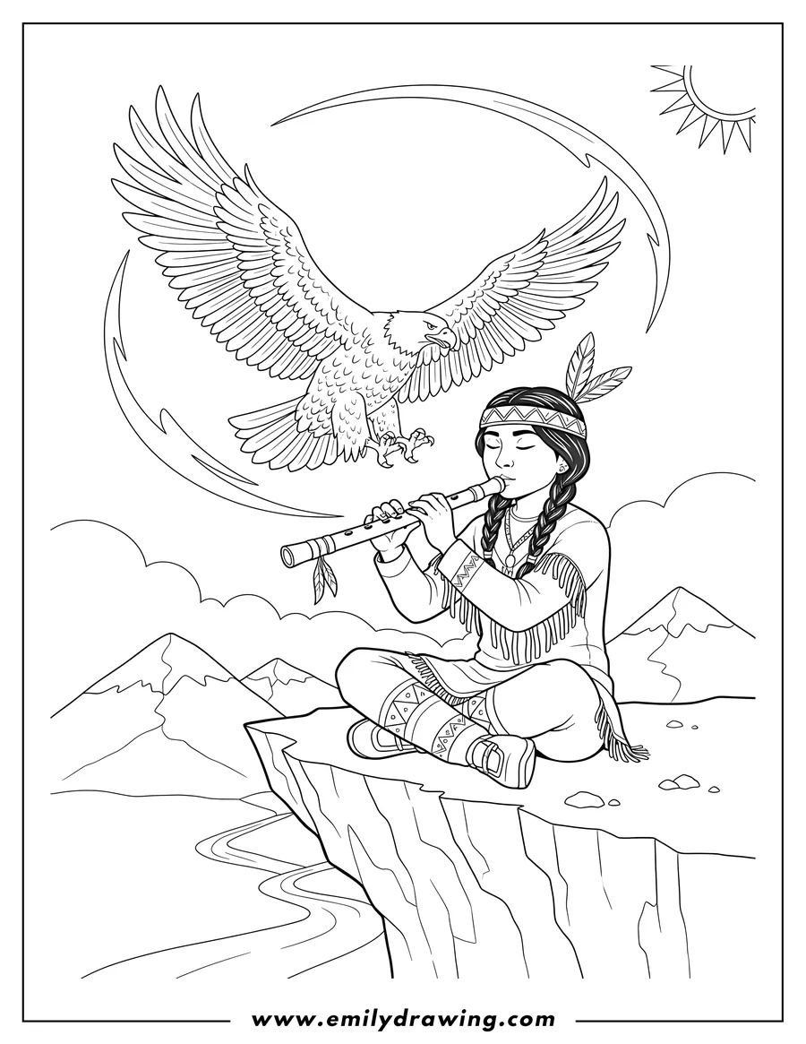 Printable line art of native American Flute Player sitting on a mountain cliff with a bald eagle soaring, wings spread