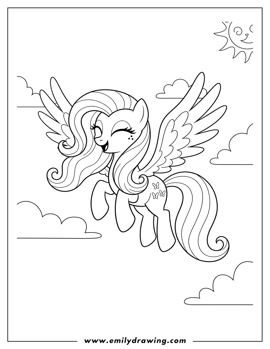 Coloring sheet featuring fluttershy From My Little Pony flying and smiling