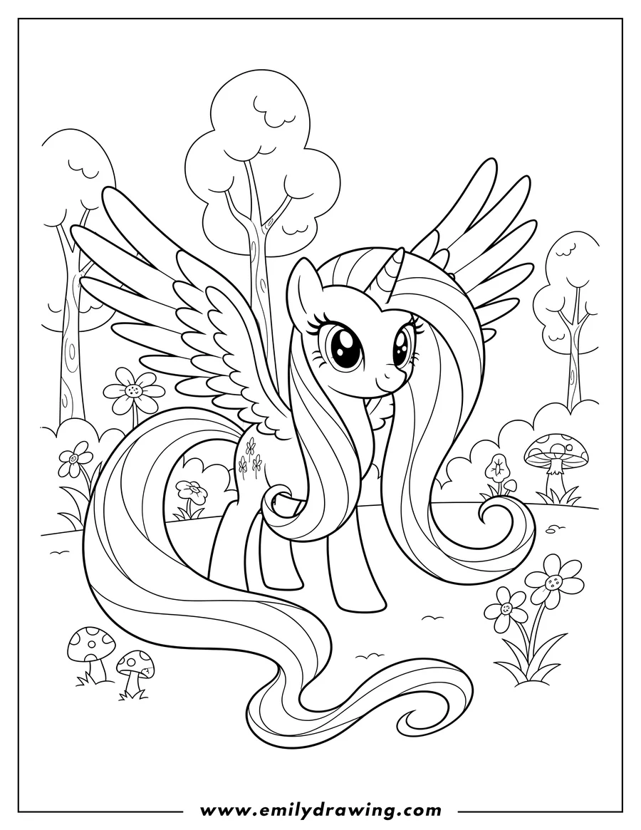 Free to print drawing of fluttershy with wings and long flowing mane and tail Middle Forest
