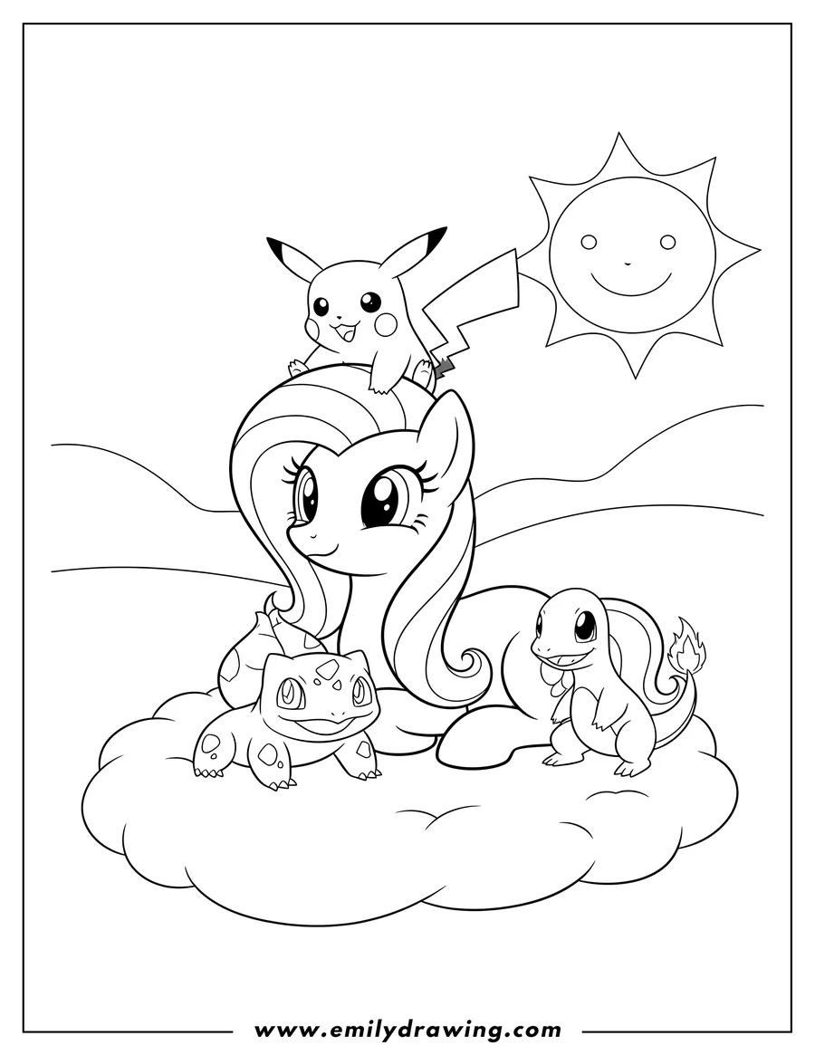 Coloring sheet featuring fluttershy relaxing with Pikachu on her head, Bulbasaur in her lap, and Charmander