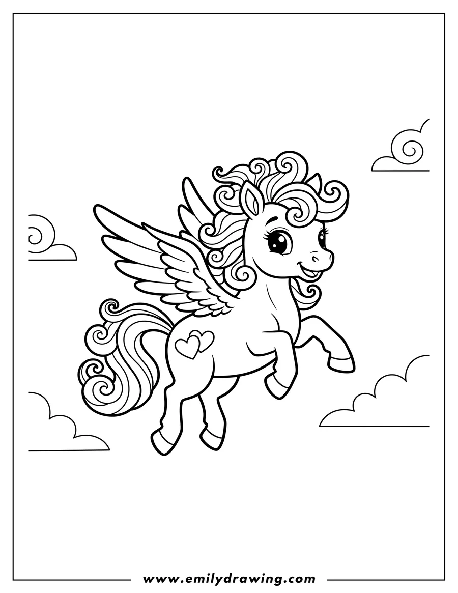 Vector style outline of flying Baby Pegasus With Curly Mane Preschoolers, with hearts on its hip and in a playful pose