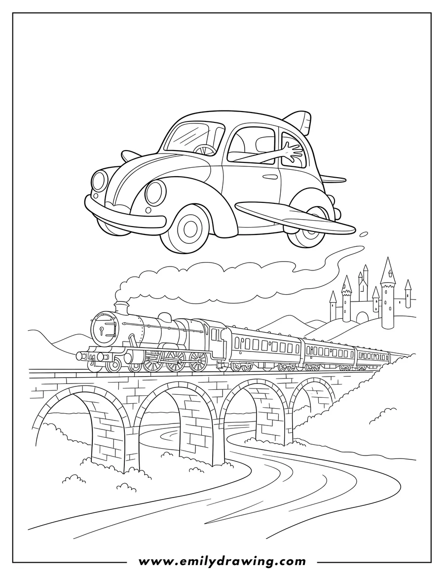 Printable line art of flying car with a hand reaching out, falling above the Hogwarts Express on a bridge