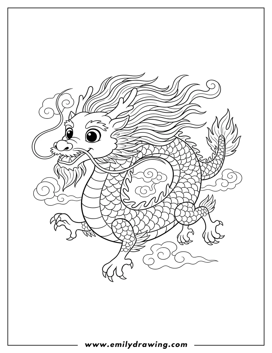Coloring page of flying Chinese Dragon with a scaled, coiling body and flowing mane, to color