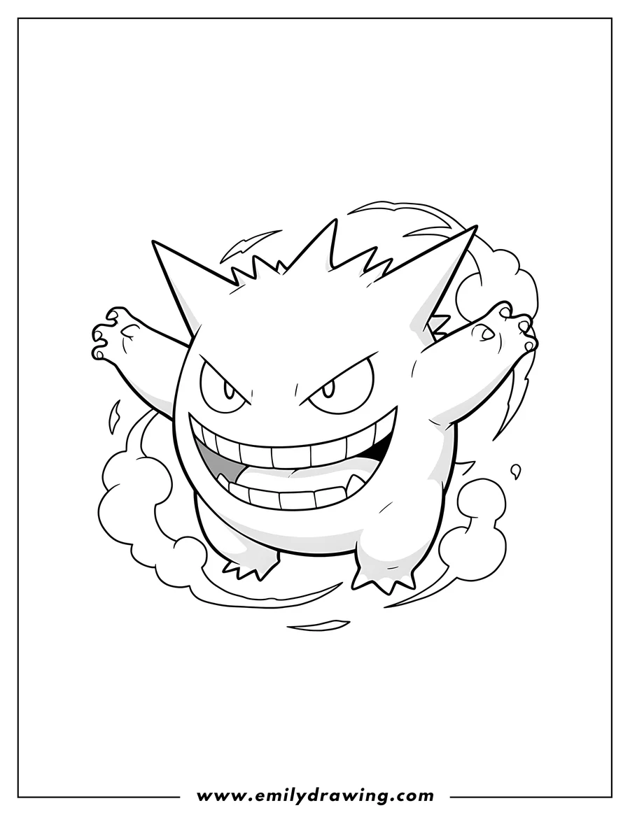 Simple sketch of gengar flying with an evil smile and its arms spread out to color