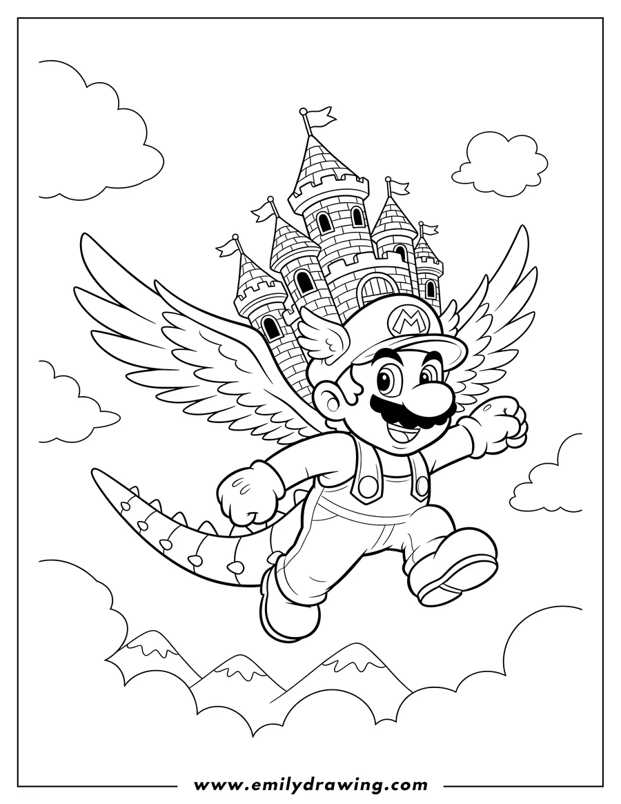 High quality printable flying Mario with a winged cap, spiked tail, and a castle on his back for coloring