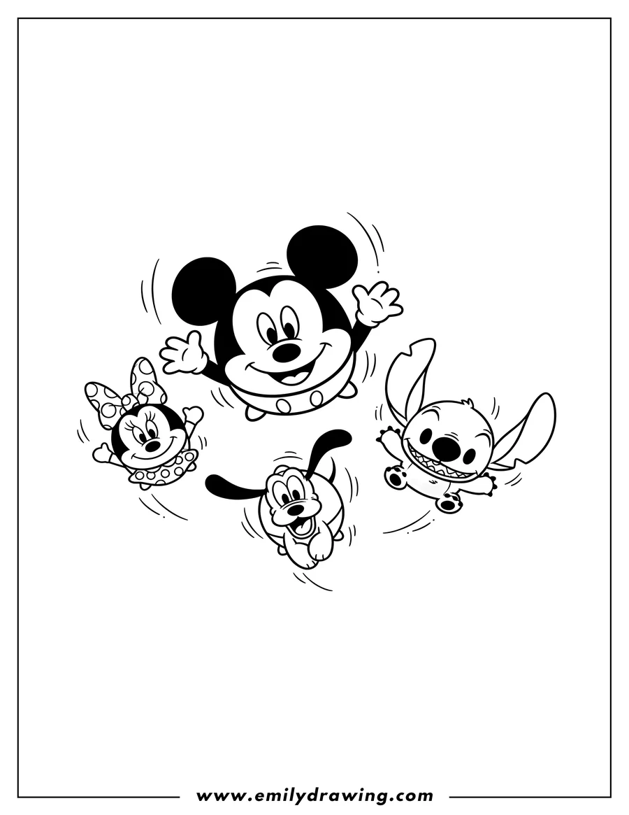 High quality printable flying Mickey Mouse, Minnie Mouse with a bow and polka dots, Stitch, and Pluto Tsum Tsums with trailing ears for coloring