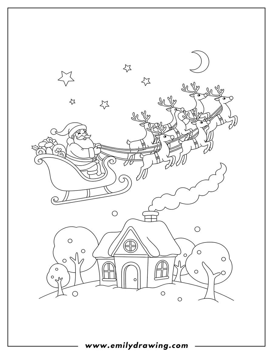 Coloring page of flying reindeer pulling Santa in his sleigh above a house