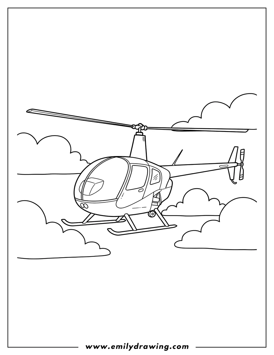 Downloadable coloring page of flying Robinson R22 Helicopter among clouds