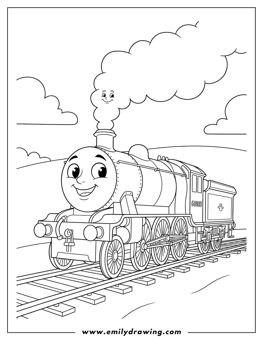 Coloring page for kids: flying Scotsman Scaled cartoon train smiling on tracks