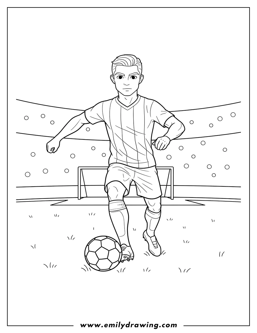 Printable line art of ronaldo On Field Running and Dribbling a Soccer Ball