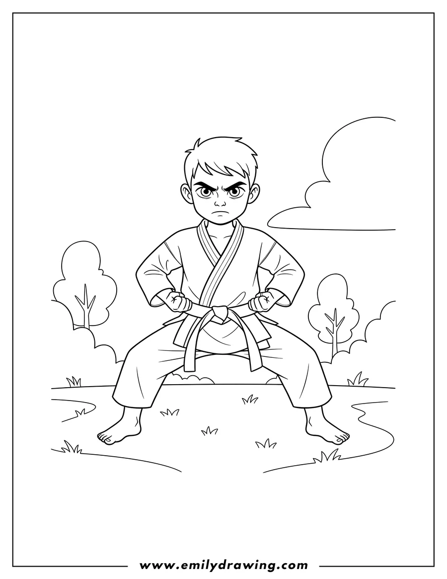 PDF style coloring page: focused Karate Student Practicing Outside With Fierce Look, in a low stance with clenched fists
