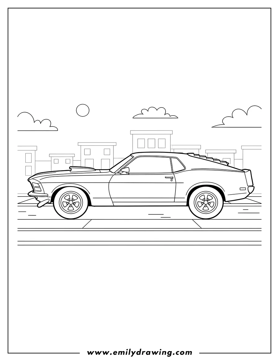 Printable line art of ford Mustang Boss 429 Parked On Street, side view, with a hood scoop