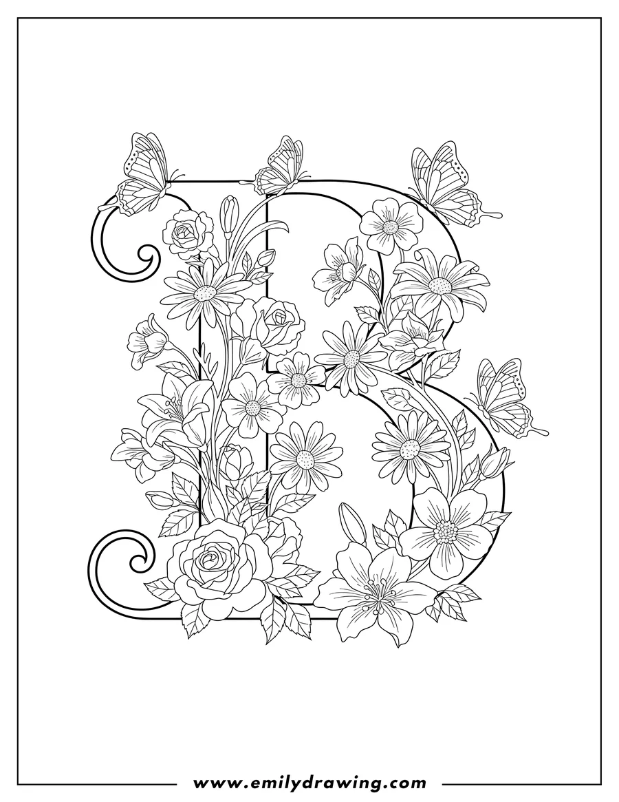 PDF style coloring page: formal Uppercase B With Flowers and Butterflies