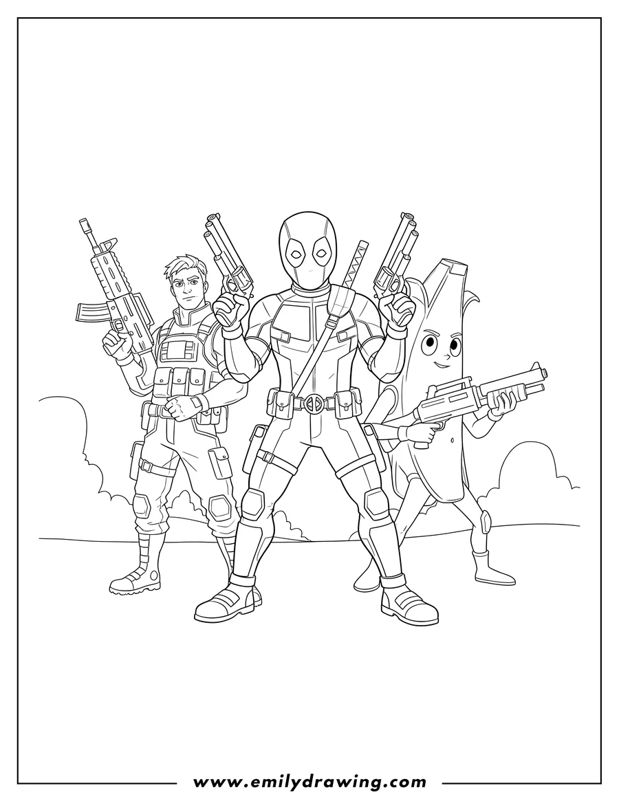 Free printable coloring sheet of fortnite Deadpool, Agent Jonesy, and Peely, all holding guns