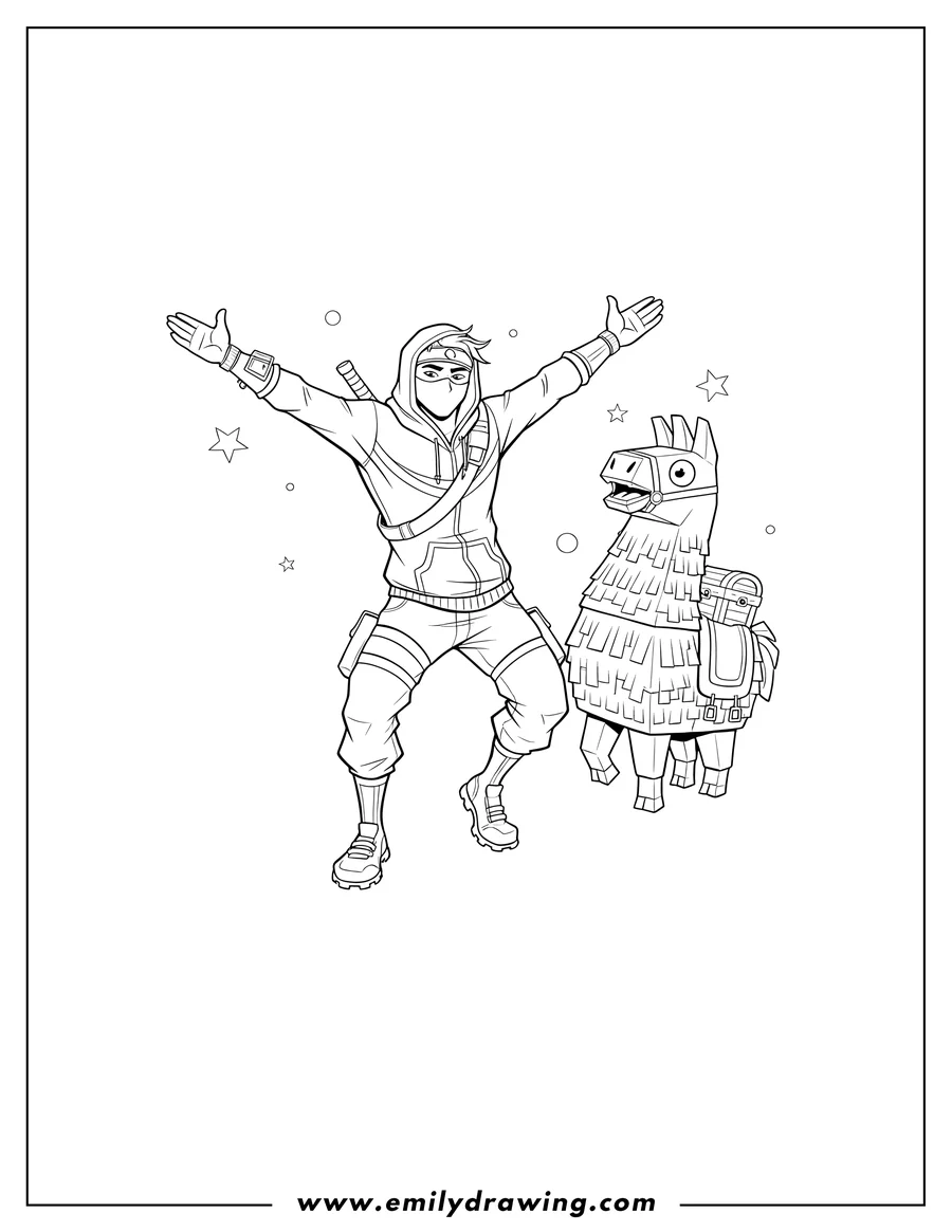 Simple sketch of fortnite Ninja striking a pose with a Loot Llama to color