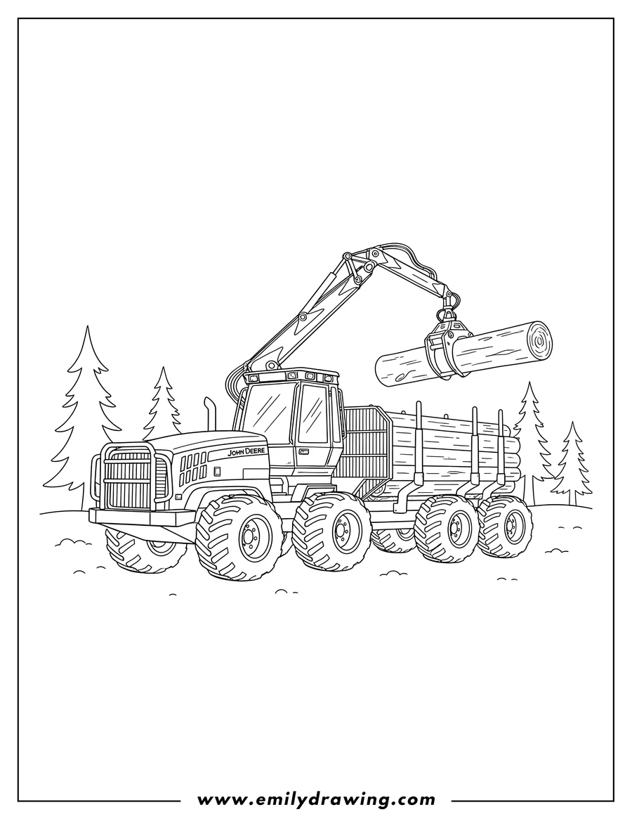 Doodle style coloring picture of john Deere Forwarder loading a log onto its trailer