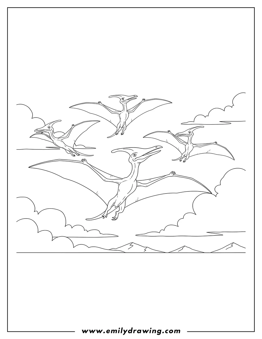 Doodle style coloring picture of four Adult Pterodactyls soaring through the sky
