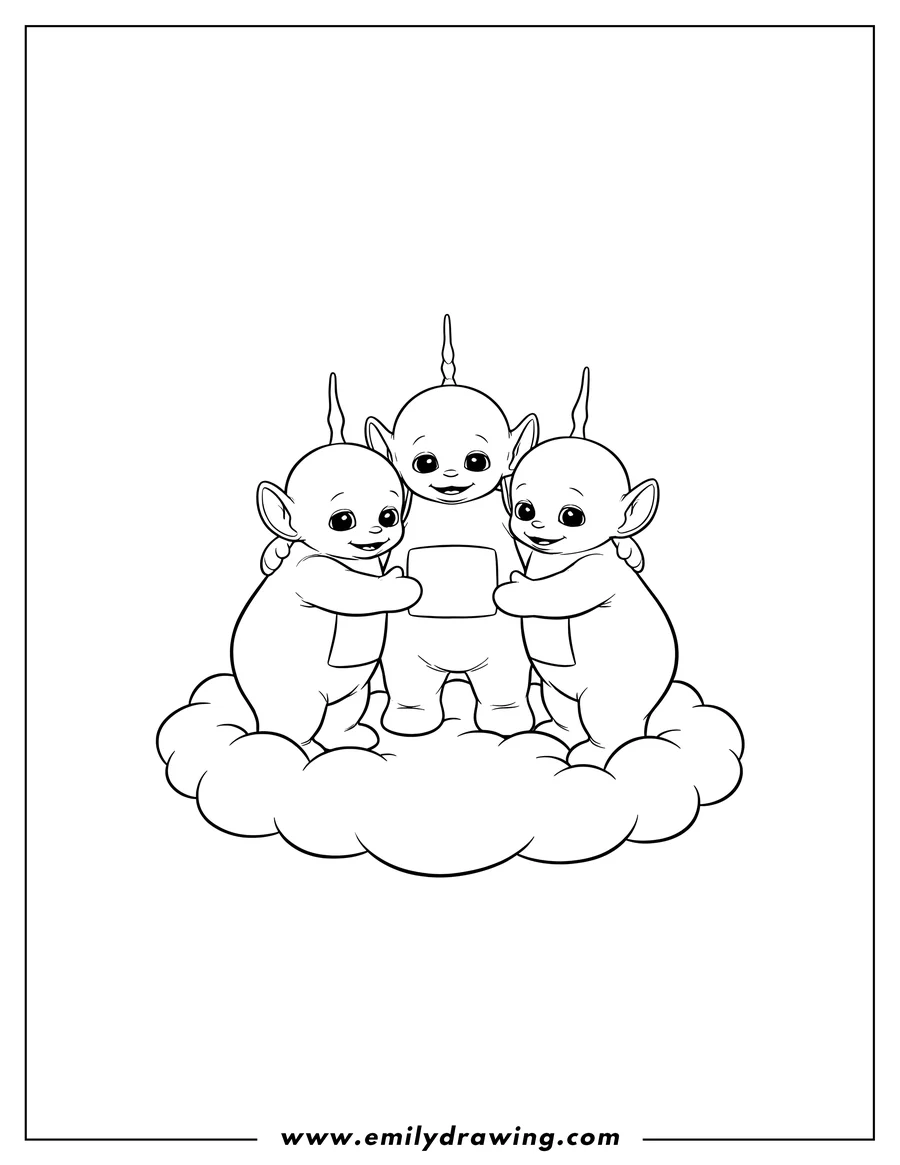 Black and white line art of four baby Teletubbies hugging on clouds