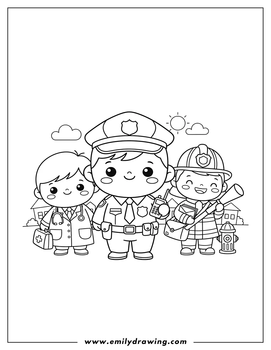 Coloring sheet featuring four Kawaii Community Helpers: a police officer, doctor, mail carrier, and firefighter