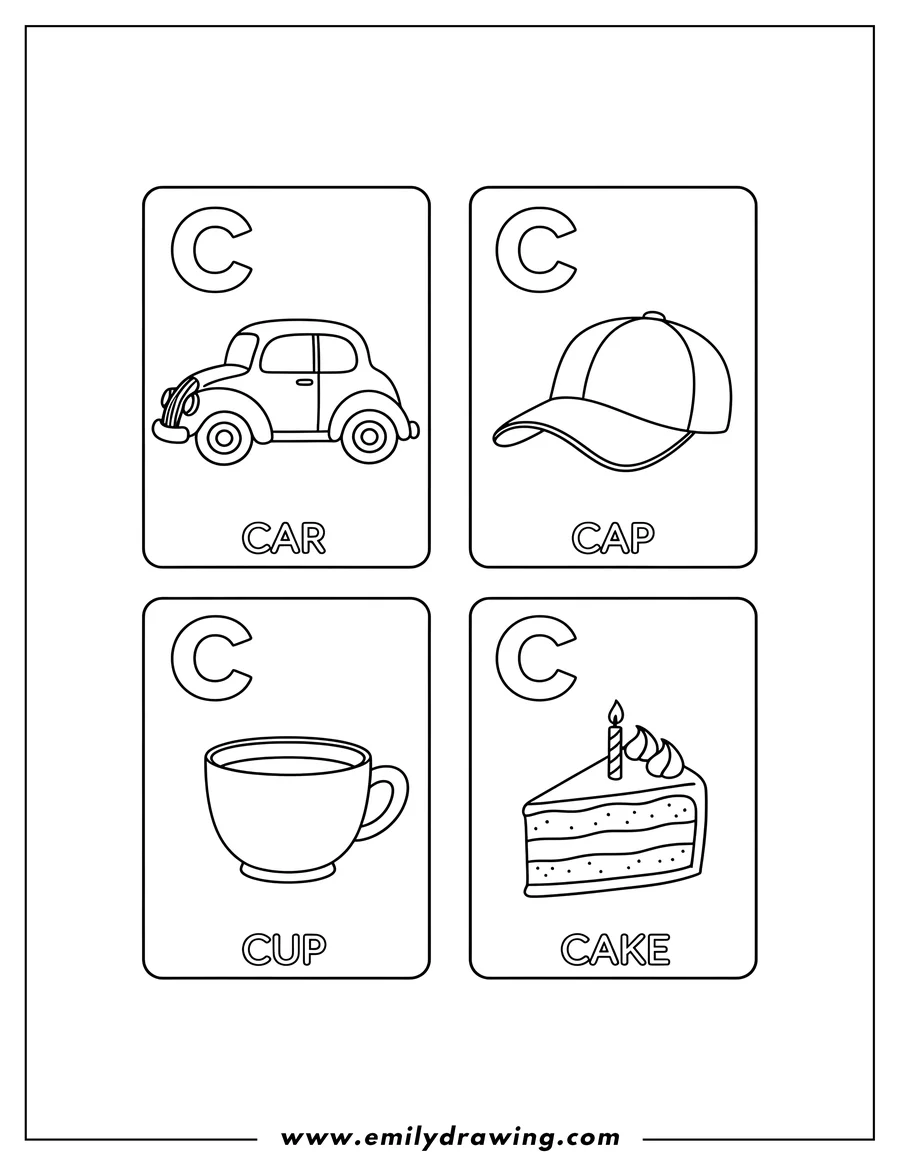 Free printable coloring sheet of four Letter C flashcards in a grid: car, cap, cup, and cake