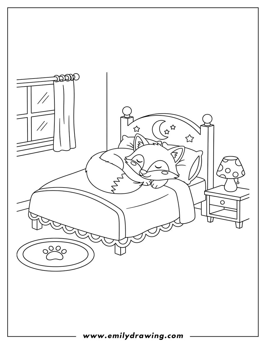 Printable coloring page of fox sleeping peacefully in a bed under a blanket in a cozy bedroom