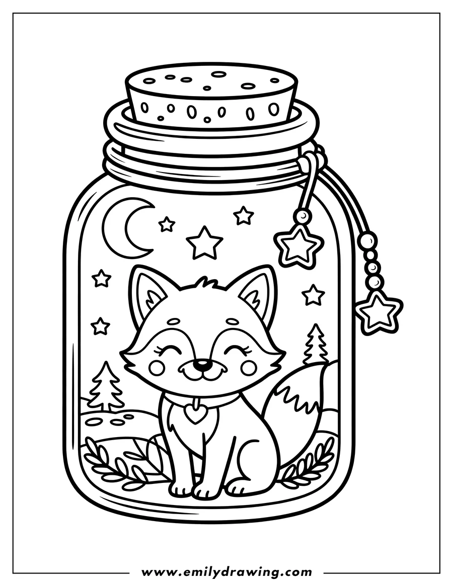 Line art of a happy fox sitting inside a terrarium jar, with tiny trees, a crescent moon, and stars in the background, and a star-beaded charm hanging from the jar.