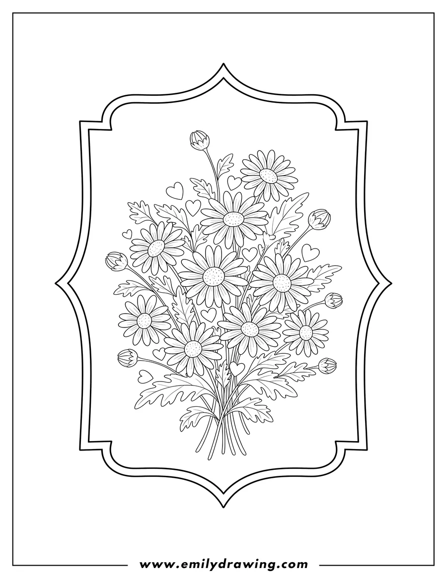 PDF style coloring page: framed Daisy Bouquet with buds, blooms, and a scalloped border