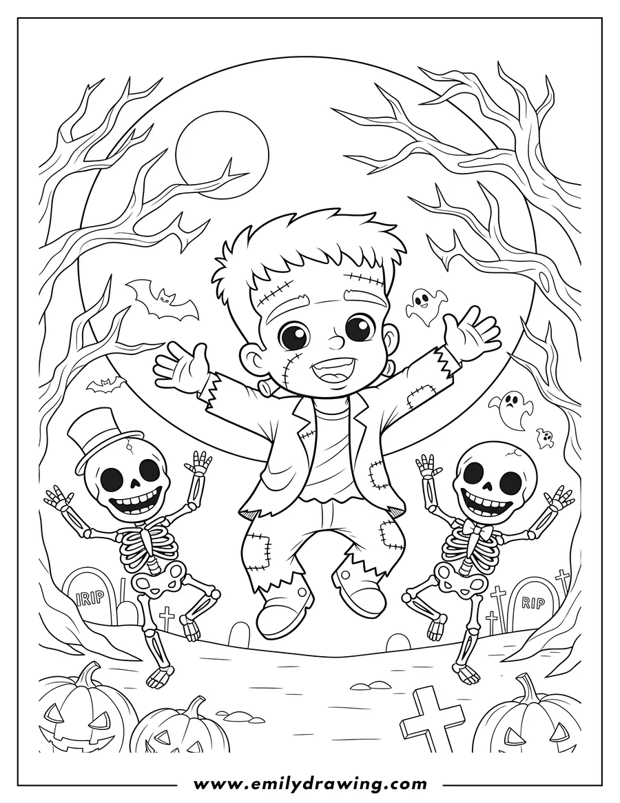 Black and white line art of chibi Frankenstein with stitches and jacket dancing in a haunted forest with two dancing skeletons