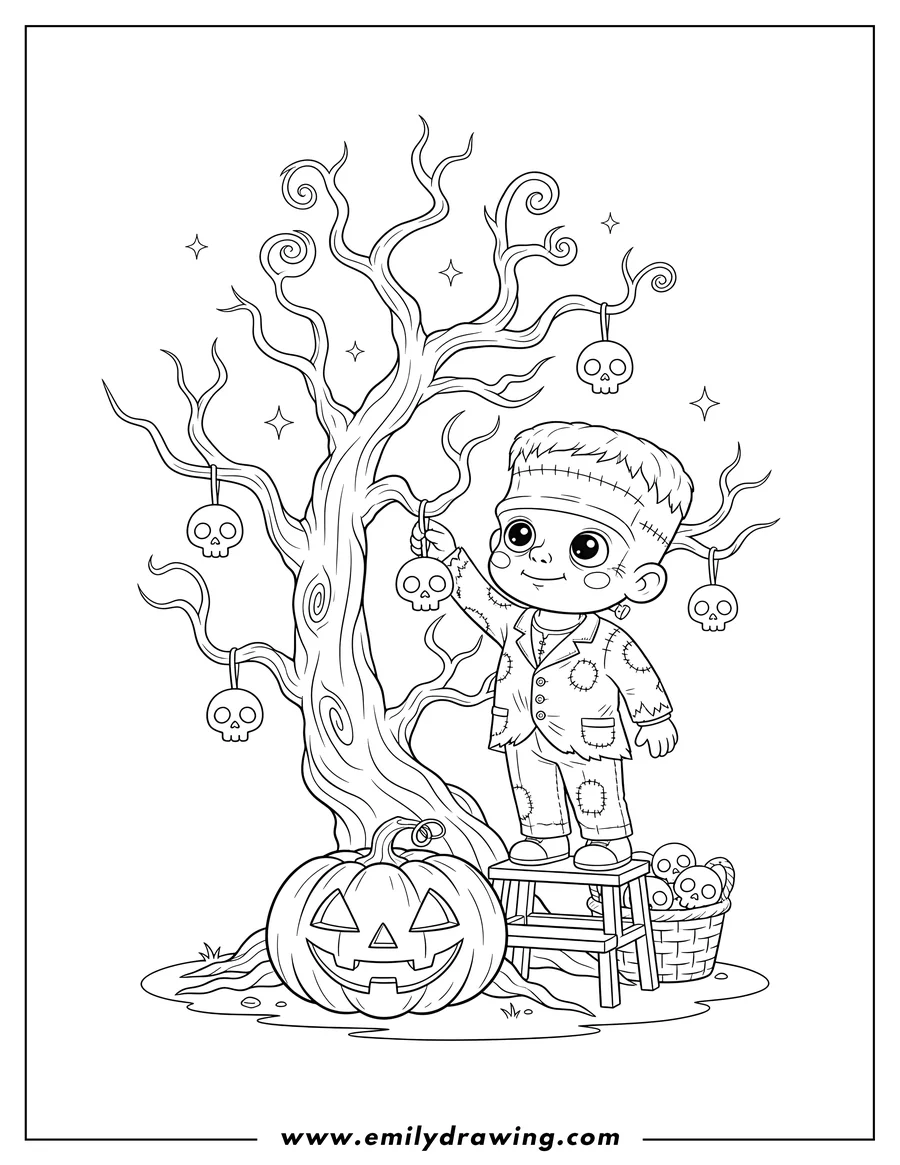 Simple sketch of tiny Frankenstein hanging skull ornaments on a bare tree, with a friendly jack-o-lantern at its base to color