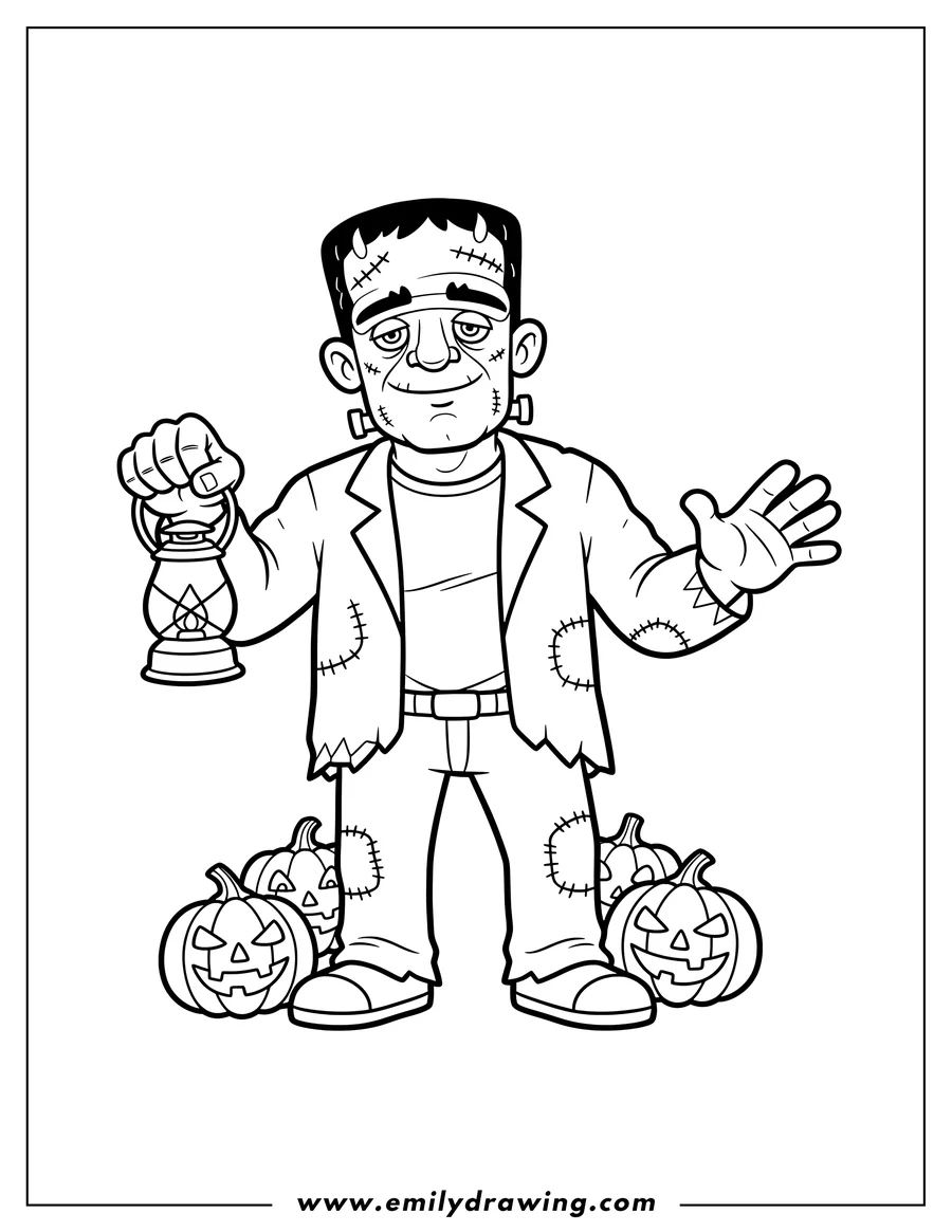 Full page coloring image of terrifying Frankenstein with neck bolts and forehead stitches, holding a lantern in one hand and his other hand open, standing with three jack-o'-lanterns