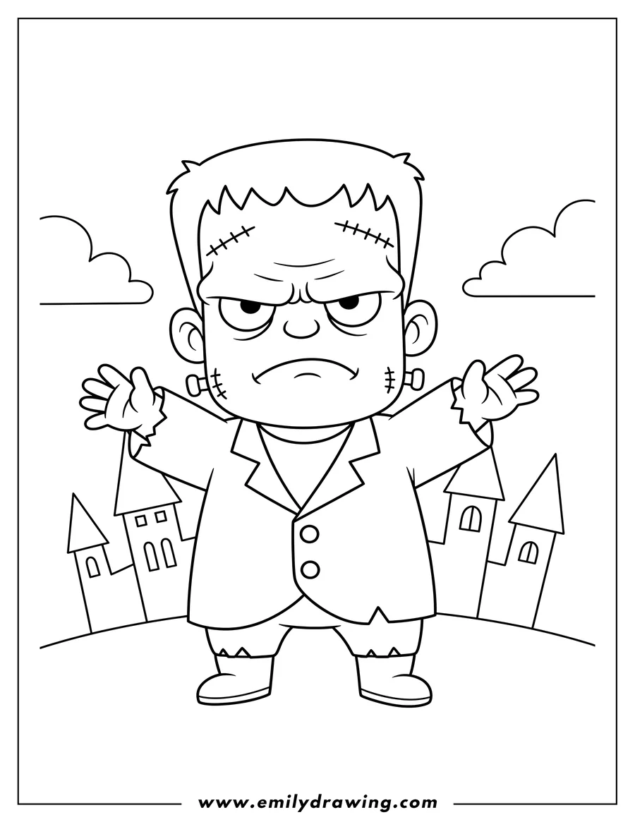 Vector style outline of simple Chibi Frankenstein with stitches, grumpy expression, and outstretched arms, outside castle